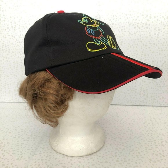 Vintage 90s Disney Parks Mickey Mouse Neon Lights Outline Black Snapback BallCap - Picture 1 of 5
